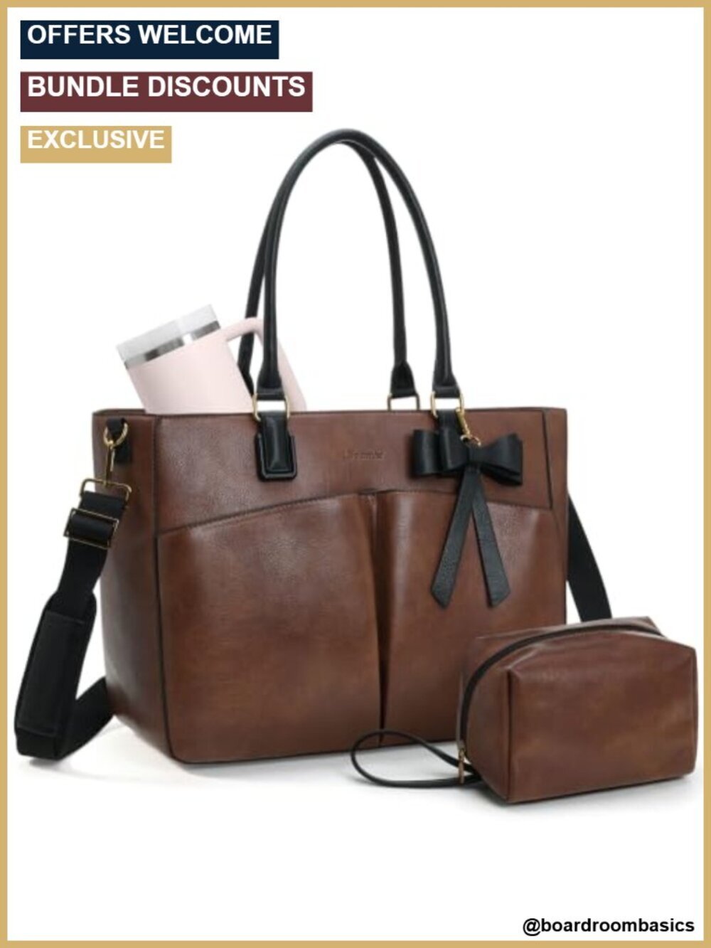 Faux Leather Laptop Tote Bag with Cup Holder for Women